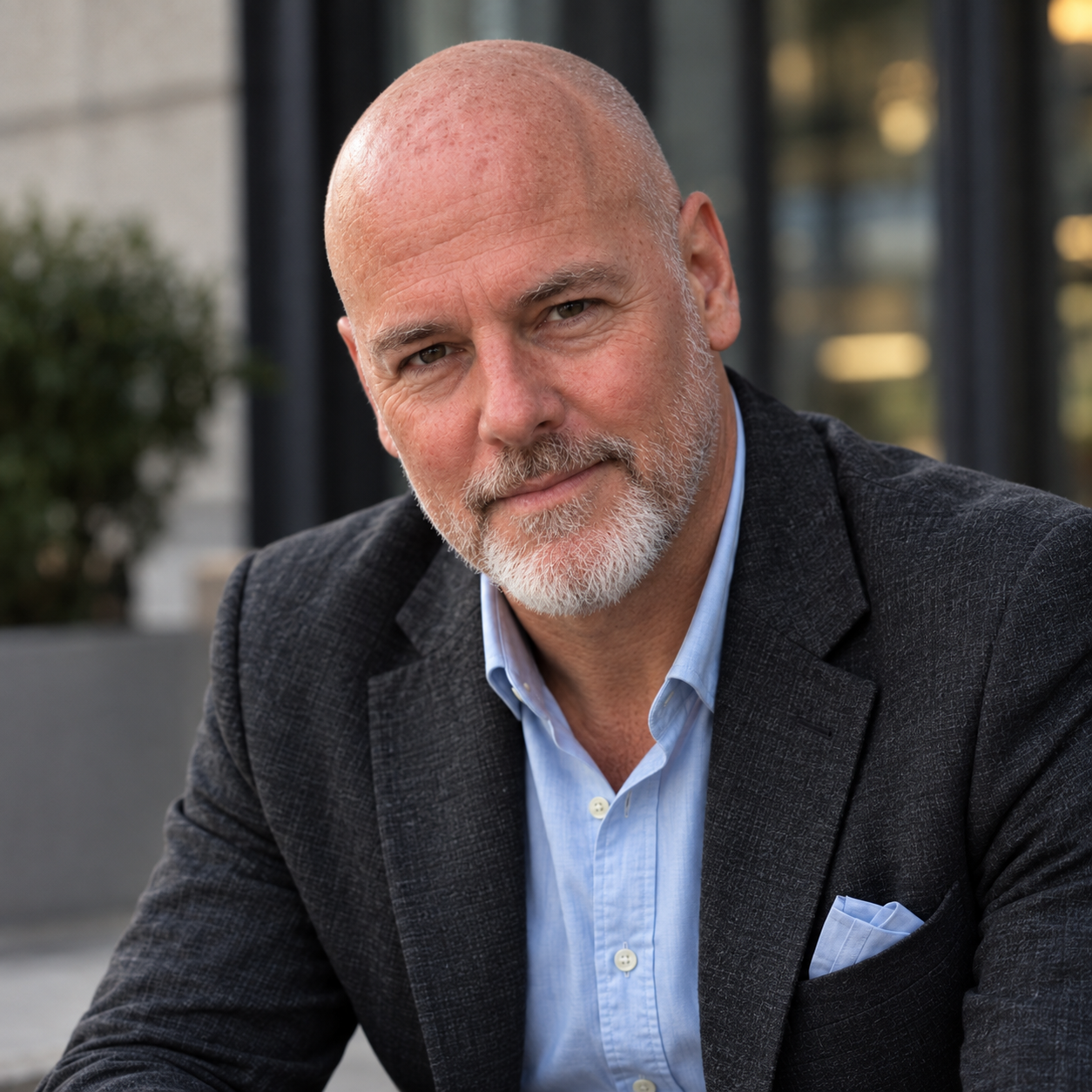 Portrait of Henrik Stampe in a charcoal jacket and light blue shirt